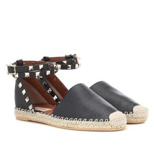 Valentino Garavani Black Rockstud Espadrilles, Gold Studs Double Ankle Strap 41